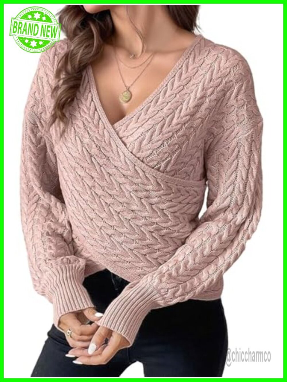 Cropped Wrap V-Neck Cable Knit Slim Fit Pullover Sweater